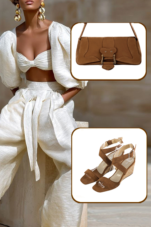Women's caramel brown elegant fully open cross straps sandals. Square toe. Medium wedge heels - Top view